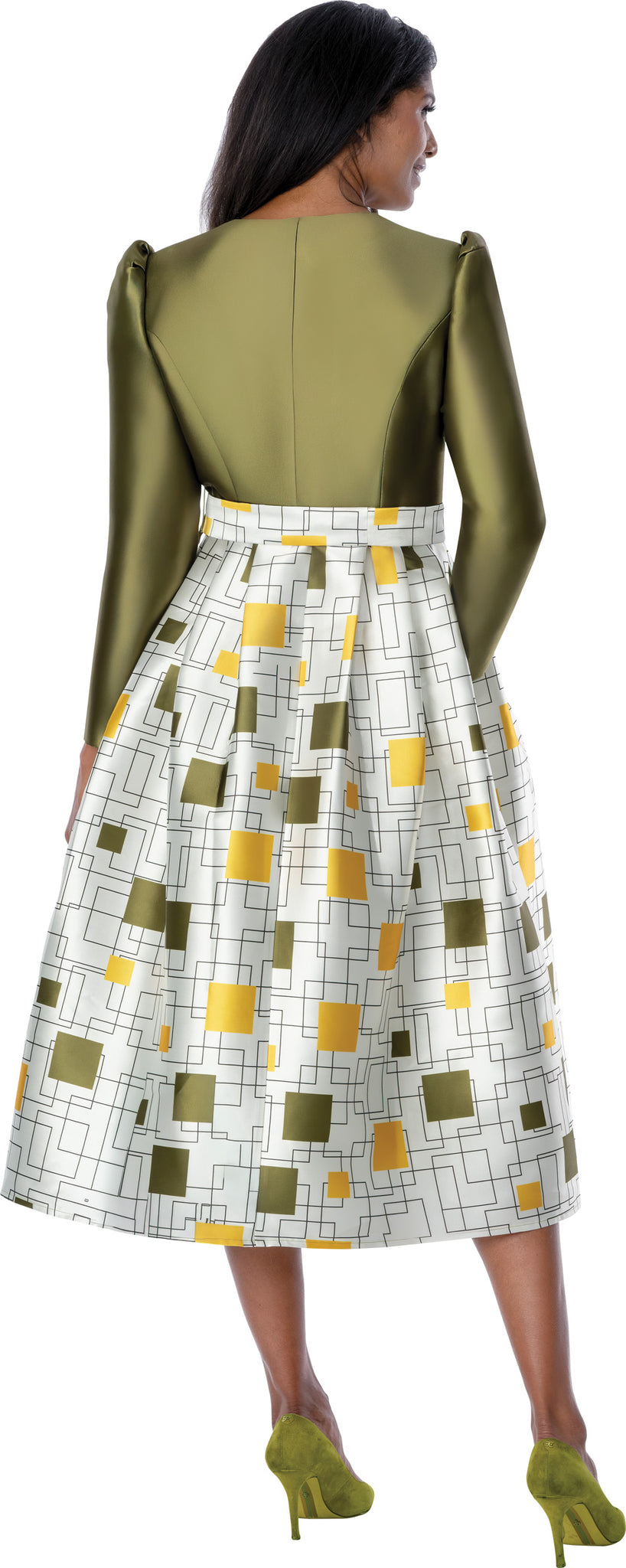 Multi Olive & Gold Midi Church Dress with Printed Skirt & Elegant Bow Waist Detail thumbnail