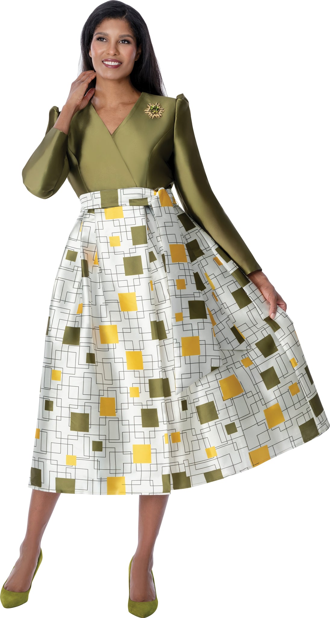 Plus Size Olive & Gold Midi Church Dress with Printed Skirt and Bow Waist Detail. thumbnail