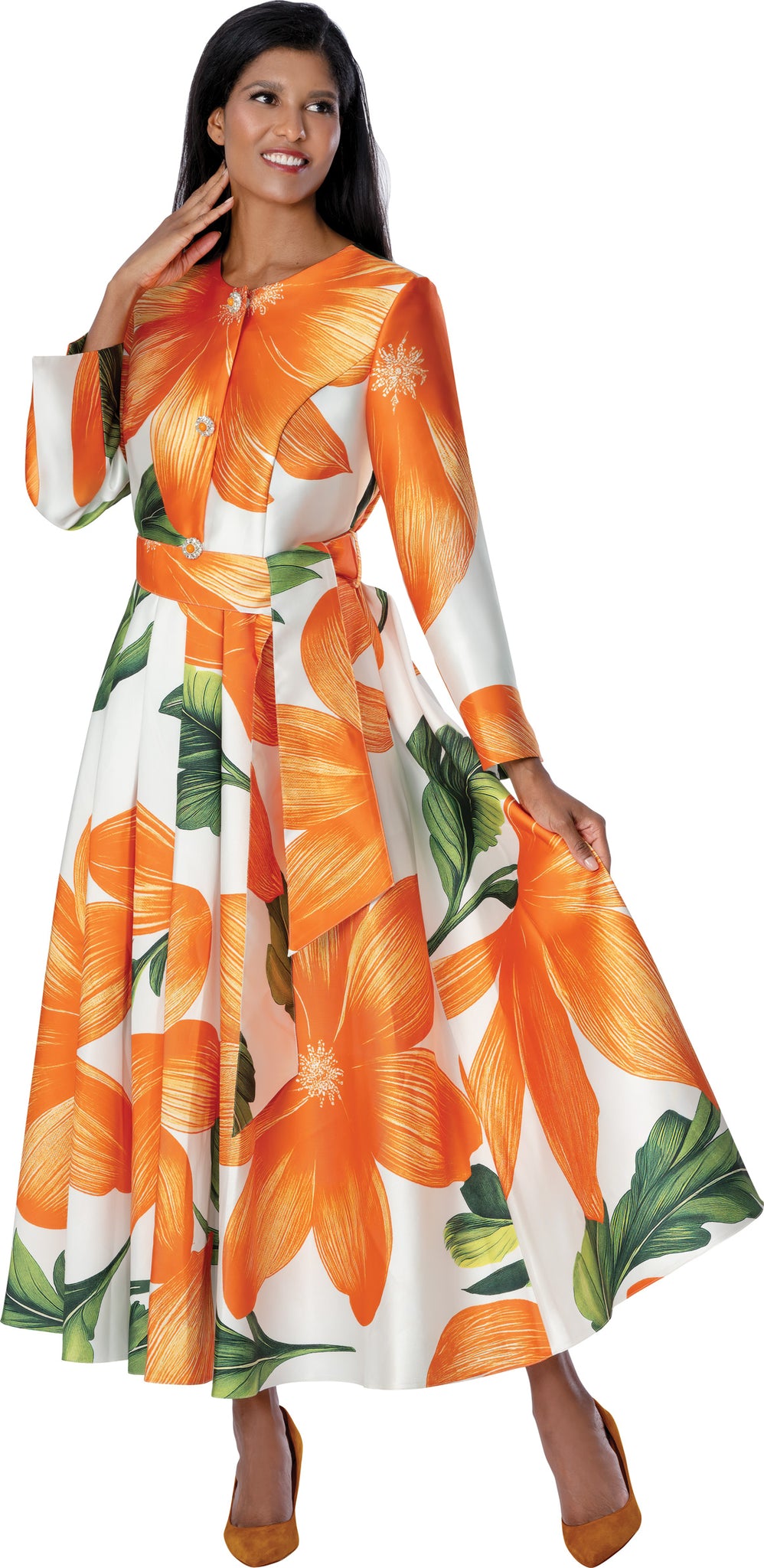 Plus Size Multi-Color Floral Print Church Dress with Belted Waist & Long Sleeves thumbnail
