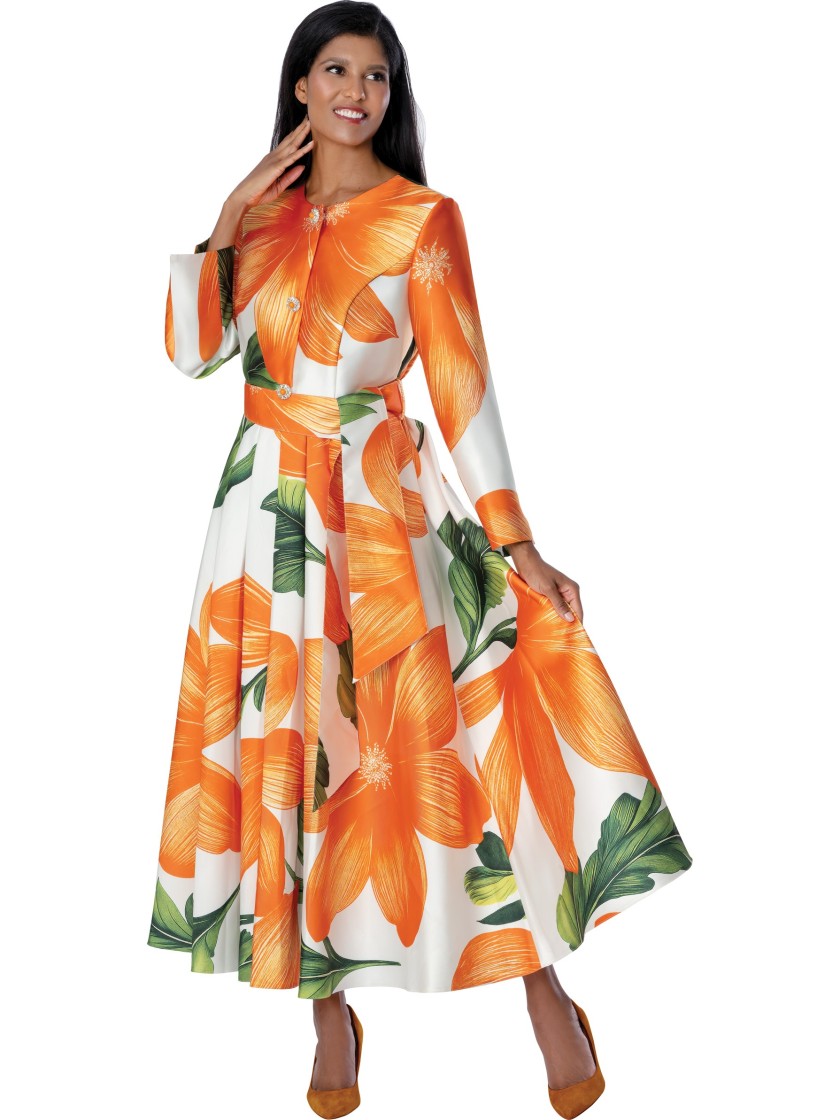 Multi-Color Floral Print Church Maxi Dress with a Belted Waist and Long Sleeves thumbnail
