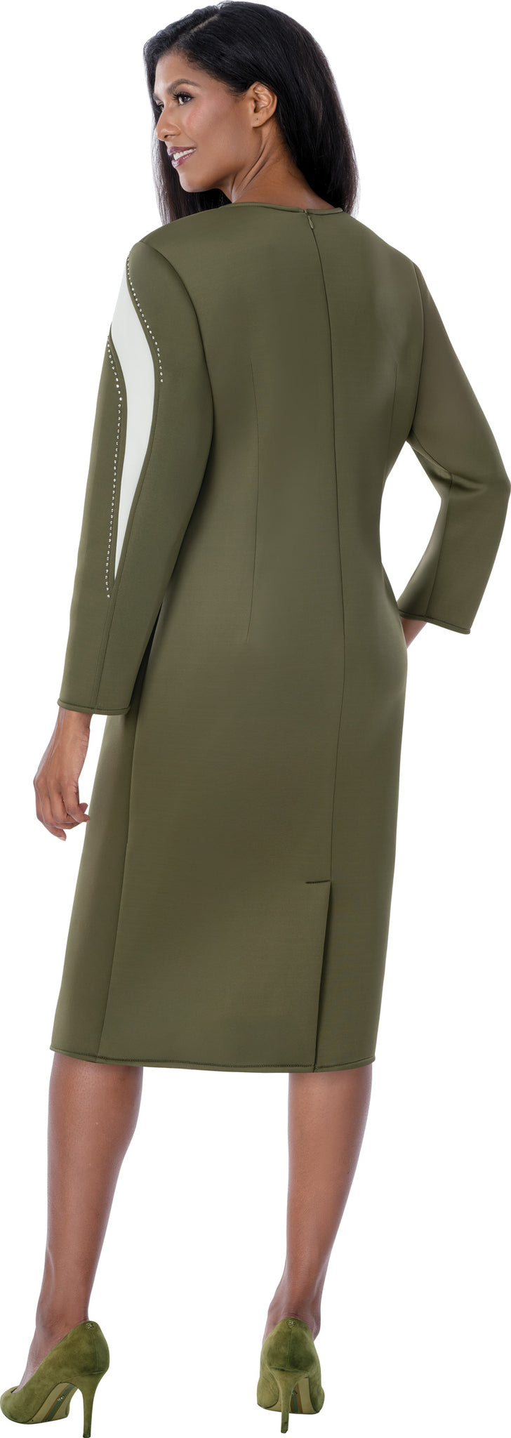 Plus Size Olive White Rhinestone Detail Long Sleeve Modest Knee-Length Church Dress thumbnail