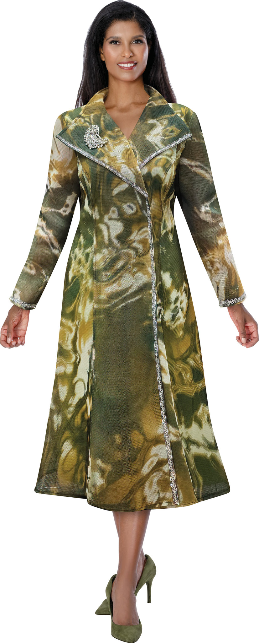 Plus Size Olive Multi Long Coat Printed Church Dress with Rhinestone Trim and Brooch thumbnail