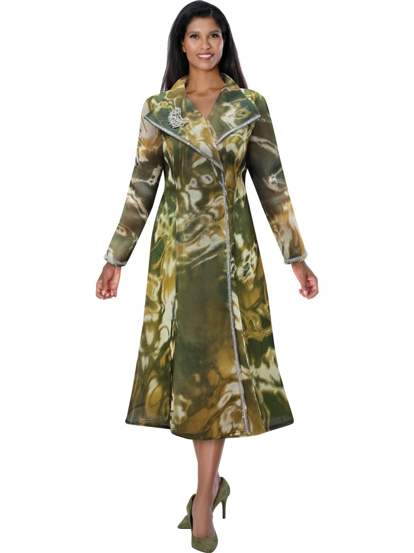 Women's Olive Multi Long Coat Printed Church Dress with Rhinestone Trim and Brooch thumbnail