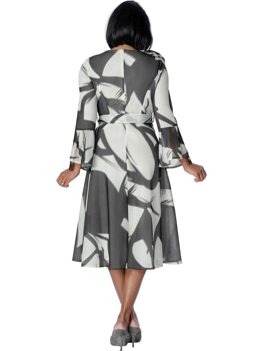 Women's Black & White Bell Sleeves Abstract Print Belted Fit-and-Flare Church Dress thumbnail