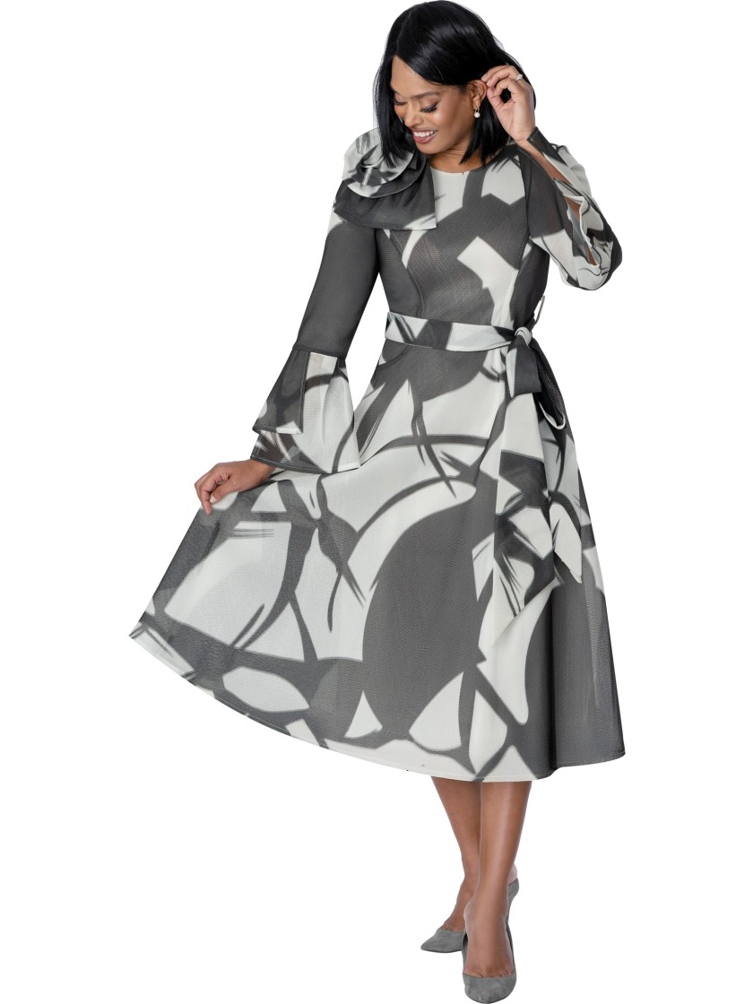 Women's Black & White Bell Sleeves Abstract Print Belted Fit-and-Flare Church Dress thumbnail