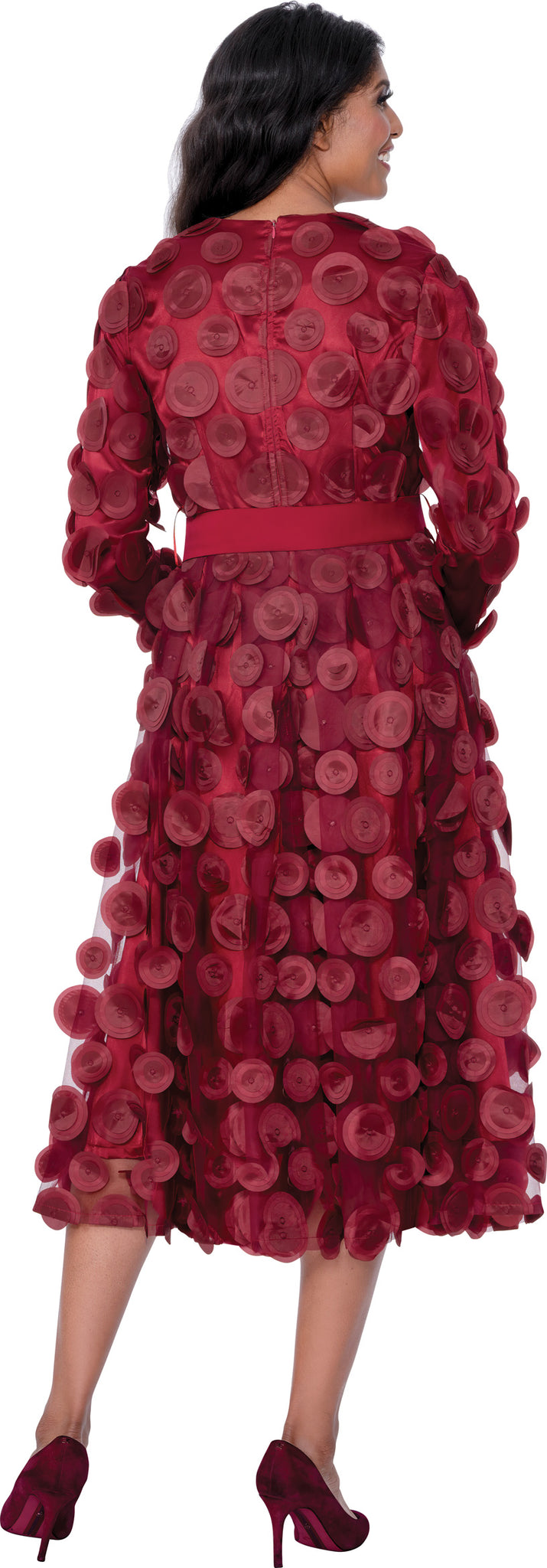 Plus Size Burgundy 3D Floral Appliqué Belted Church Dress with Rhinestone Buttons thumbnail