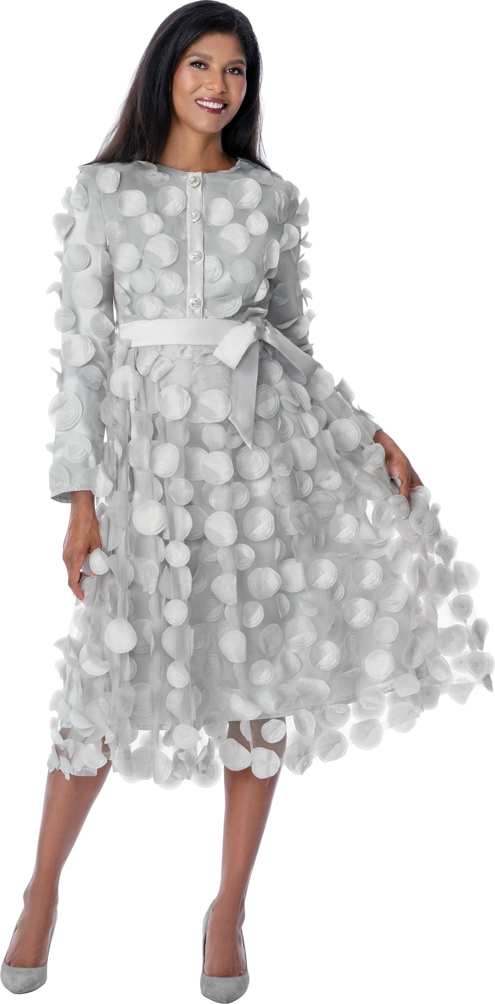 Women's Silver 3D Floral Appliqué Belted Church Midi Dress with Rhinestone Buttons thumbnail