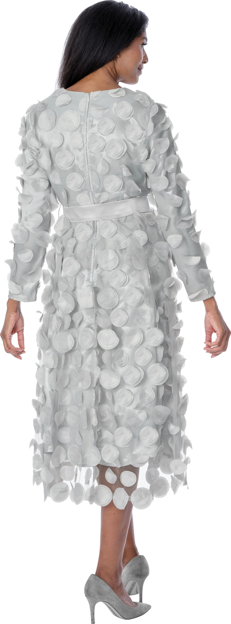 Women's Silver 3D Floral Appliqué Belted Church Midi Dress with Rhinestone Buttons thumbnail