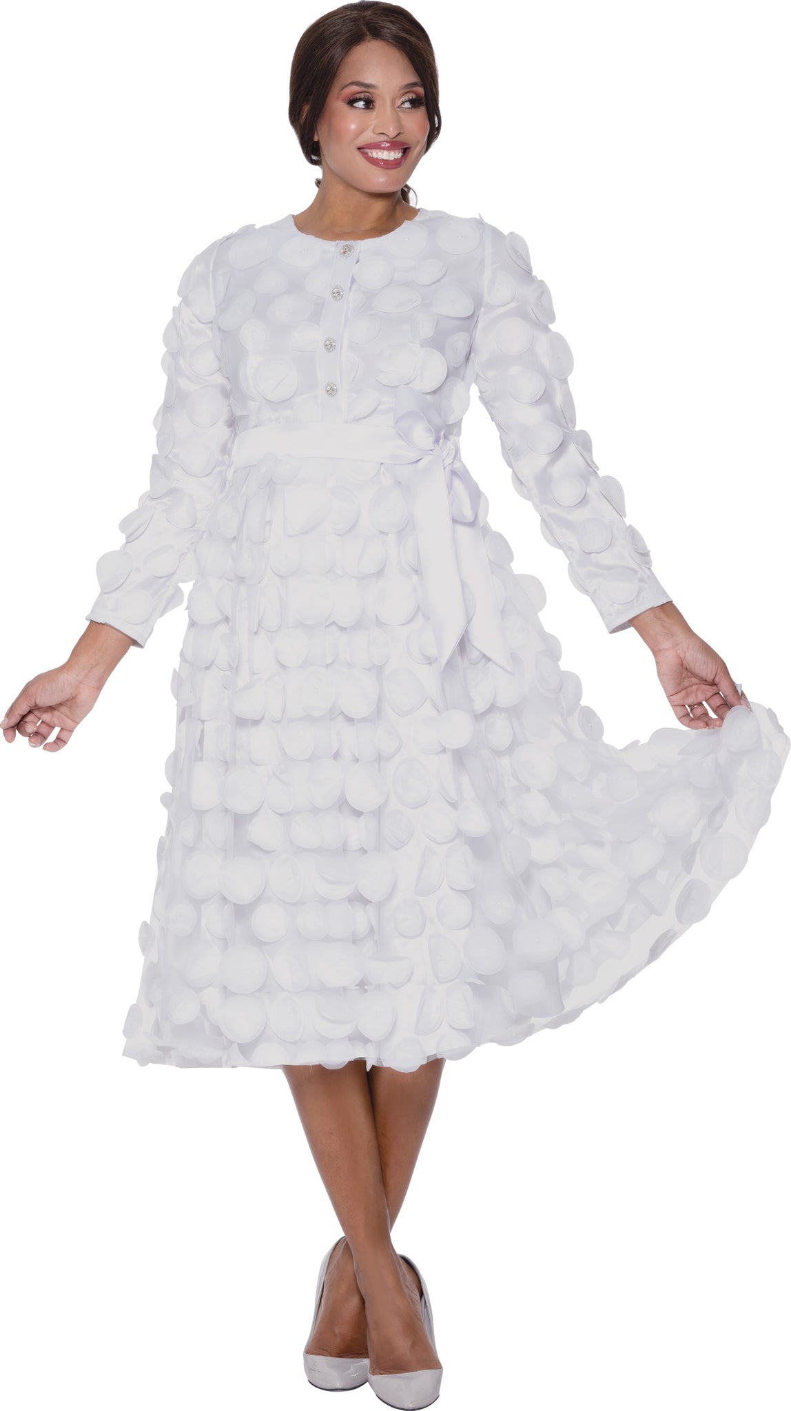 Women's White 3D Floral Appliqué Belted Church Midi Dress with Rhinestone Buttons thumbnail