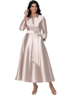 Plus Size Champagne Satin Belted Shirtwaist Maxi Church Dress with Flared Skirt thumbnail