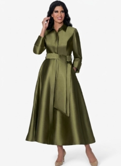 Plus Size Olive Satin Belted Shirtwaist Maxi Church Dress with Flared Skirt thumbnail