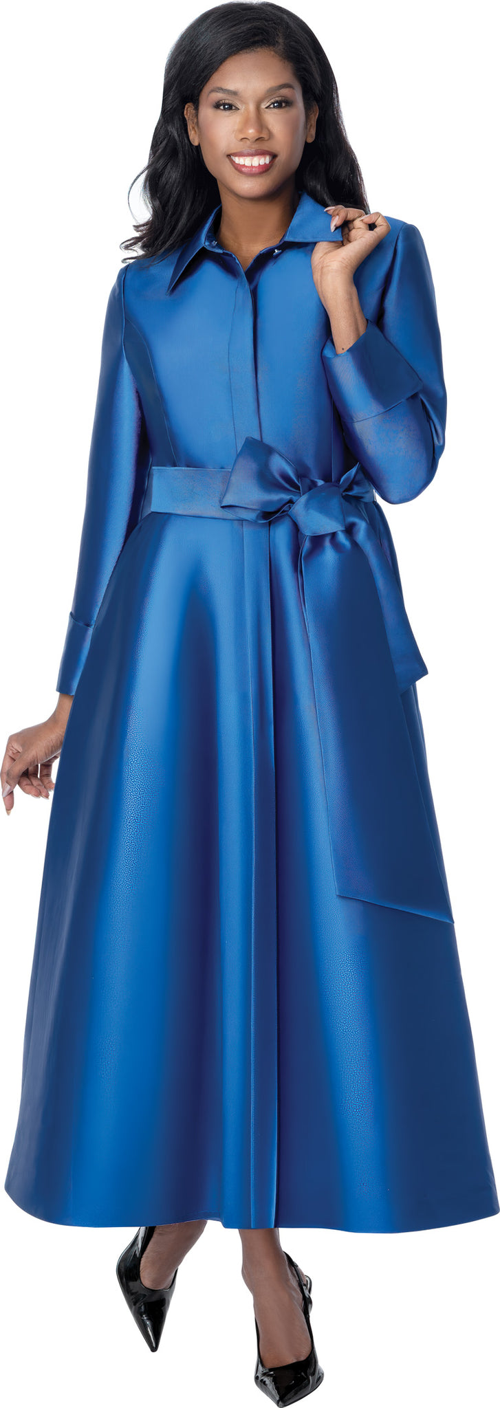 Plus Size Royal Satin Belted Shirtwaist Maxi Church Dress with Flared Skirt thumbnail