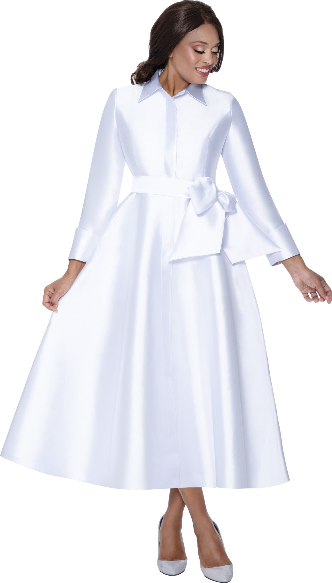 Plus Size White Satin Belted Shirtwaist Maxi Church Dress with Flared Skirt thumbnail