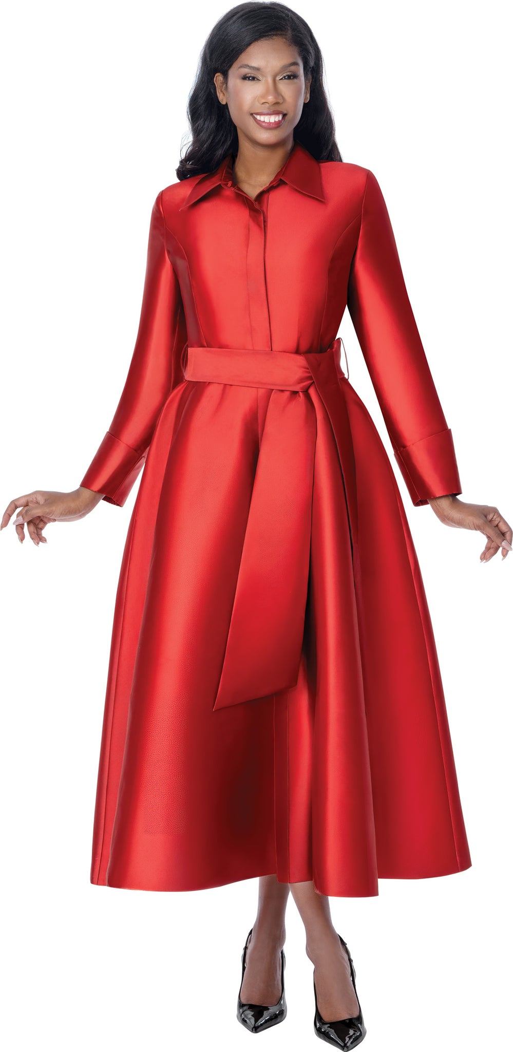 Women's Graceful Red Satin Belted Shirtwaist Maxi Church Dress with Flared Skirt thumbnail