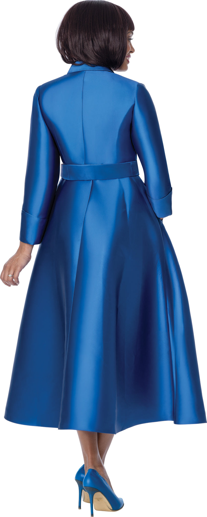Women's Graceful Royal Satin Belted Shirtwaist Maxi Church Dress with Flared Skirt thumbnail