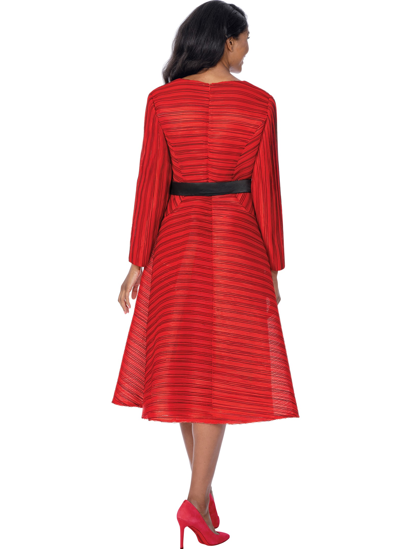 Red Pleated Church Dress with Black Satin Sash Waist Sash and Floral Brooch Detail thumbnail