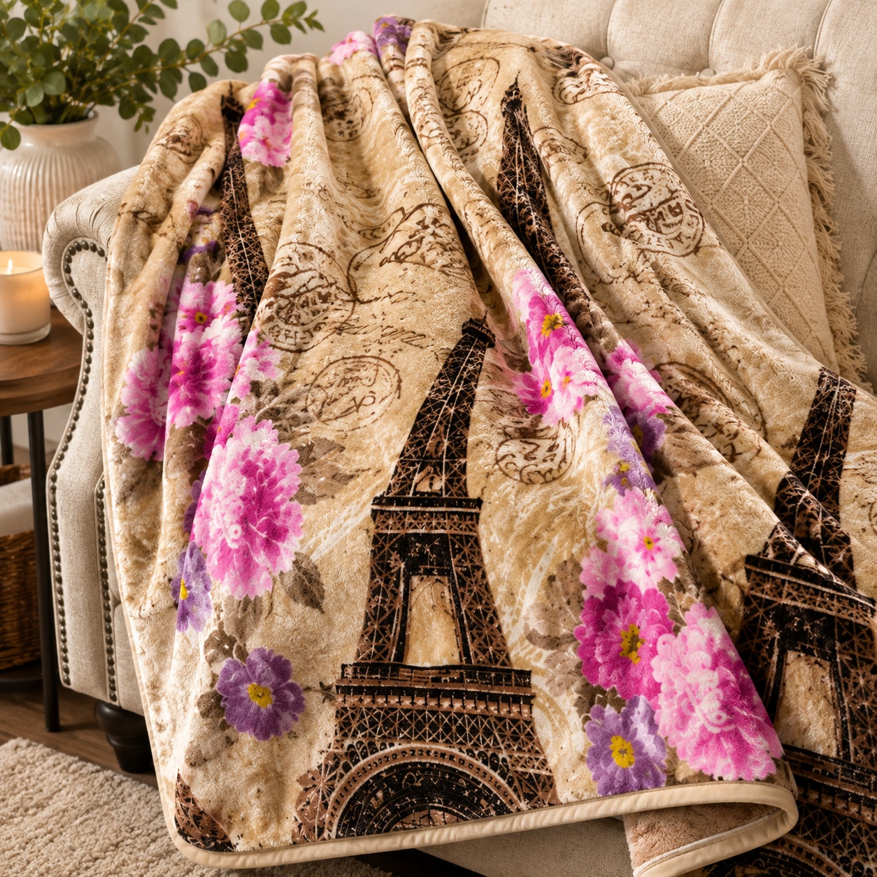 Paris Blanket King Size Eiffel Tower Super Soft Plush Parisian Floral Blanket thumbnail
