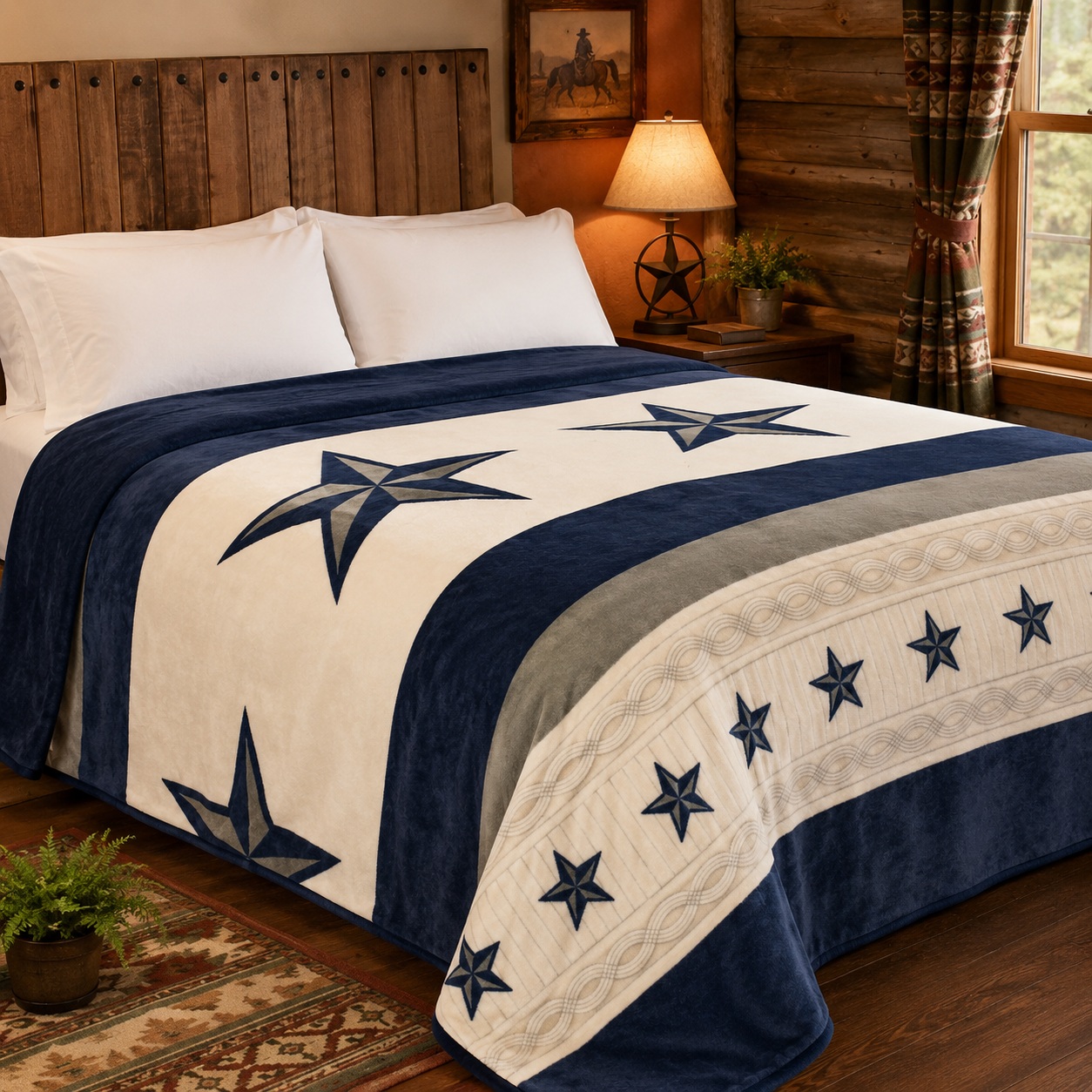 Cowboys Blanket King Size Super Soft Plush White Blue Silver Star thumbnail
