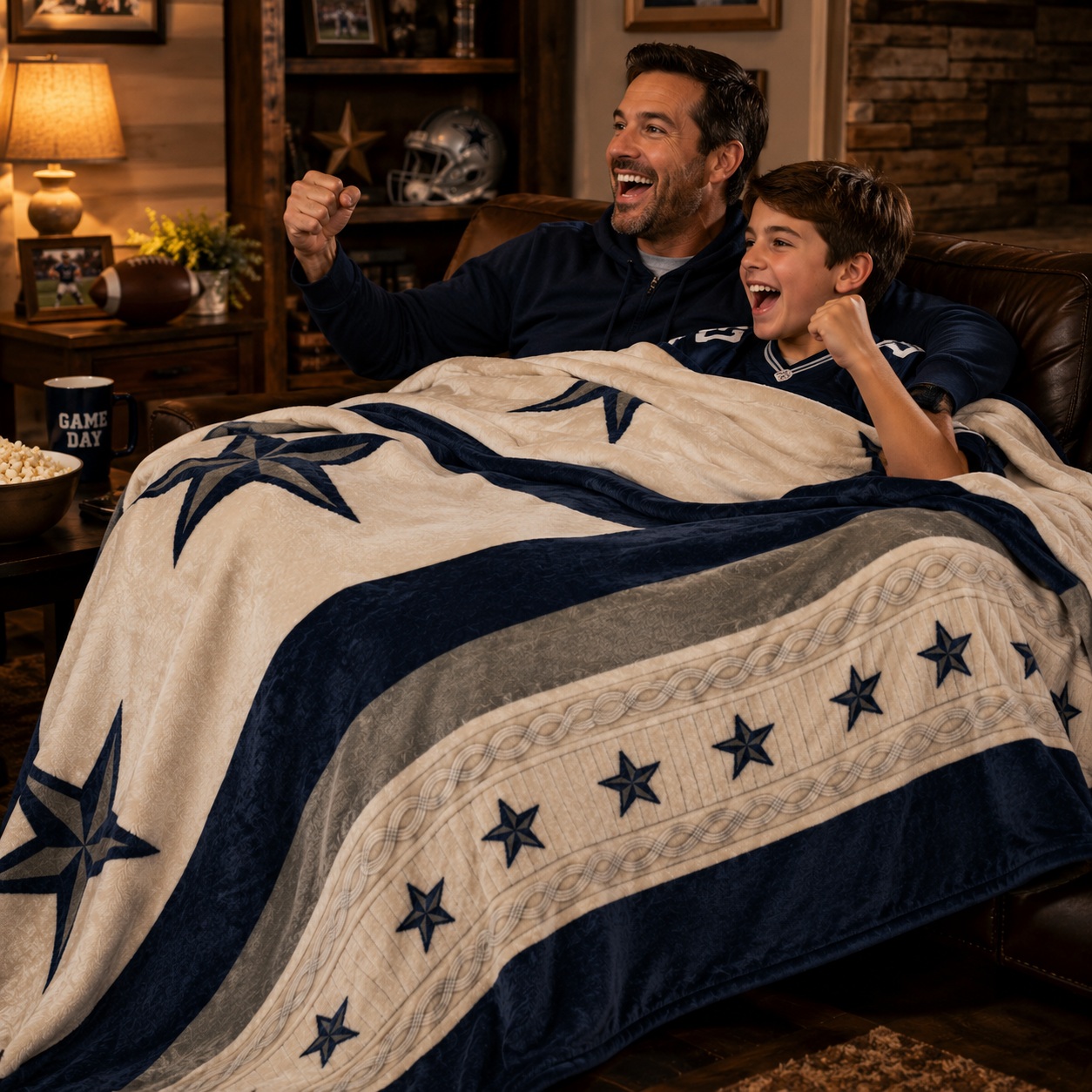 Cowboys Blanket King Size Super Soft Plush White Blue Silver Star thumbnail