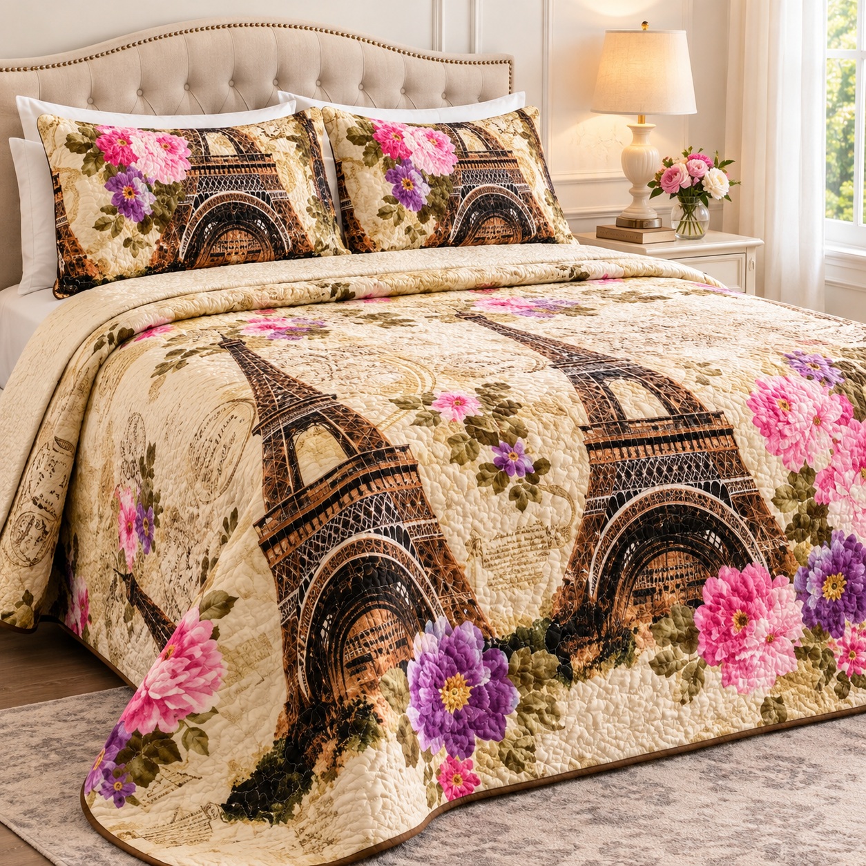 Paris Bedspread Set Eiffel Tower Floral Reversible Quilted 3 Piece Queen King thumbnail