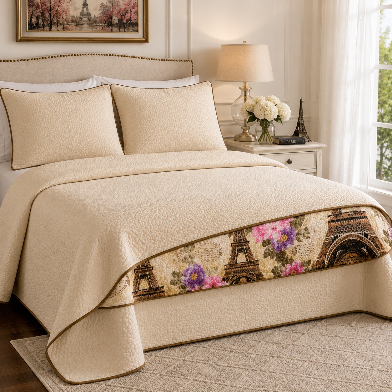 Paris Bedspread Set Eiffel Tower Floral Reversible Quilted 3 Piece Queen King thumbnail