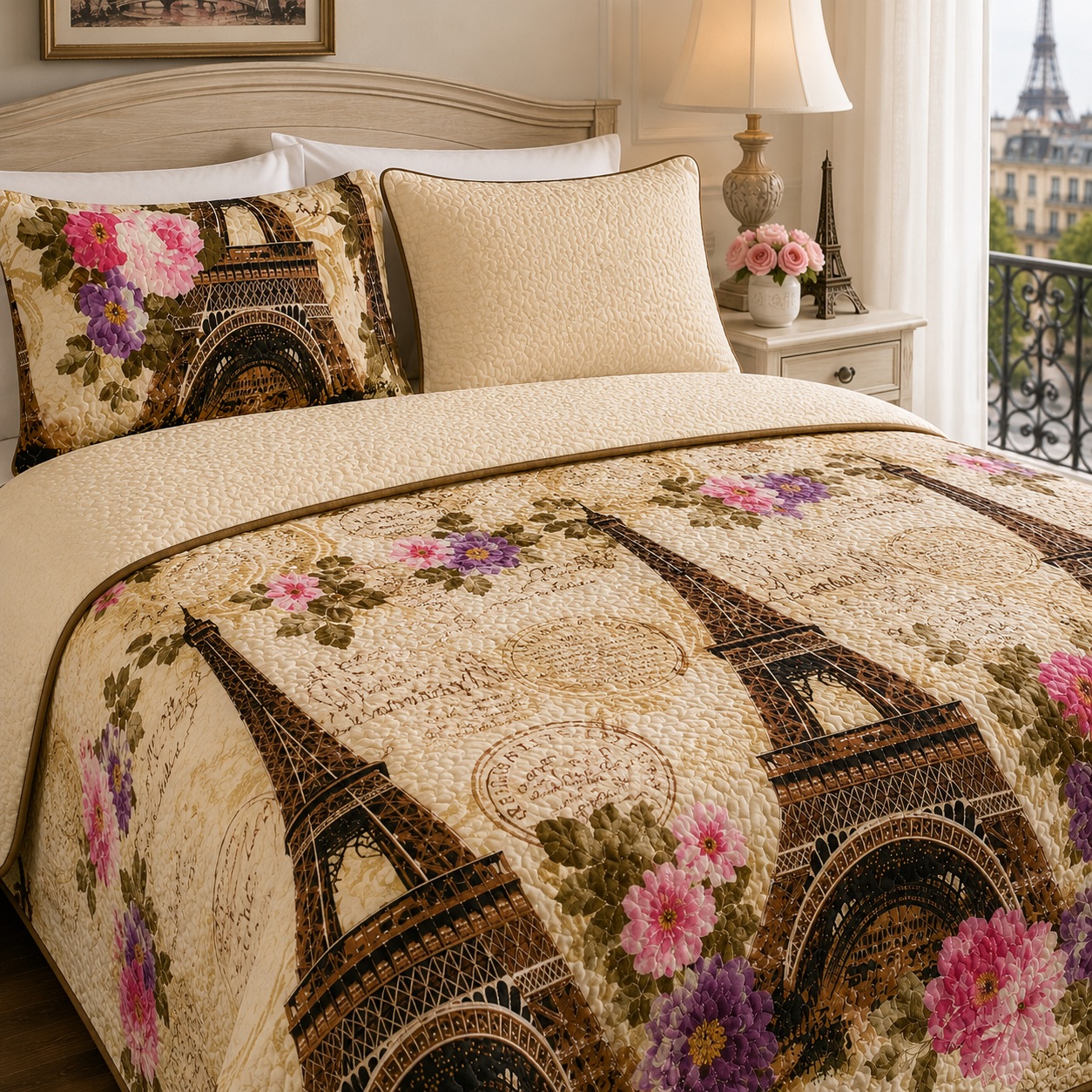 Paris Bedspread Set Eiffel Tower Floral Reversible Quilted 3 Piece Queen King thumbnail