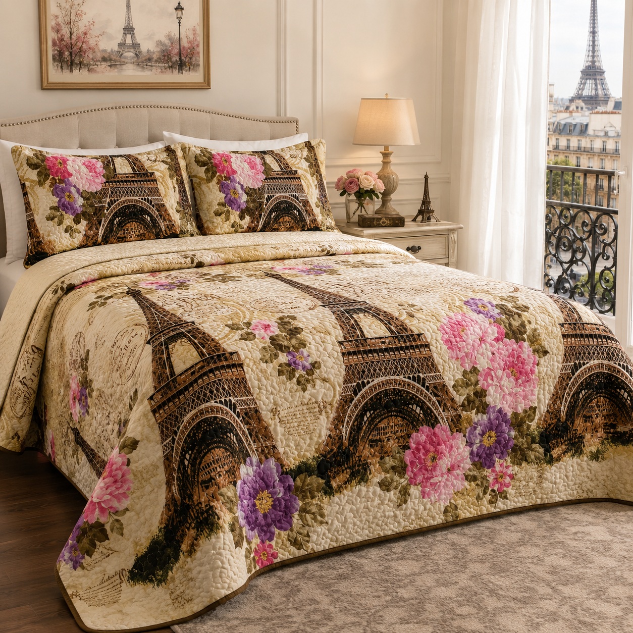 Paris Bedspread Set Eiffel Tower Floral Reversible Quilted 3 Piece Queen King thumbnail