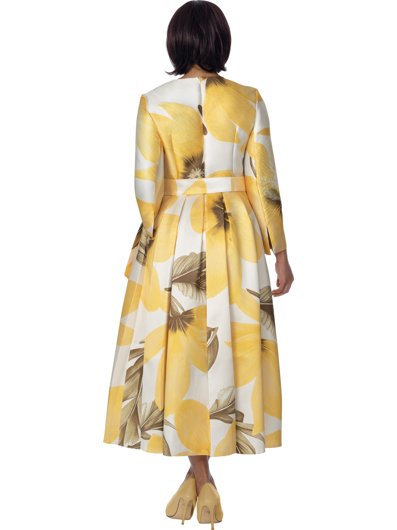 Multi Olive Floral Print Long Sleeve Belted Midi Church Dress with Gold Embellishments thumbnail