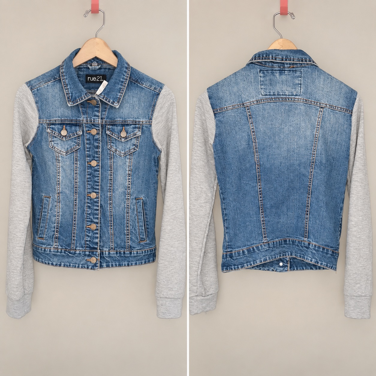 Denim Jacket Womens with Sweatshirt Sleeves Rue21 Jean Jacket Gray Knit Casual thumbnail