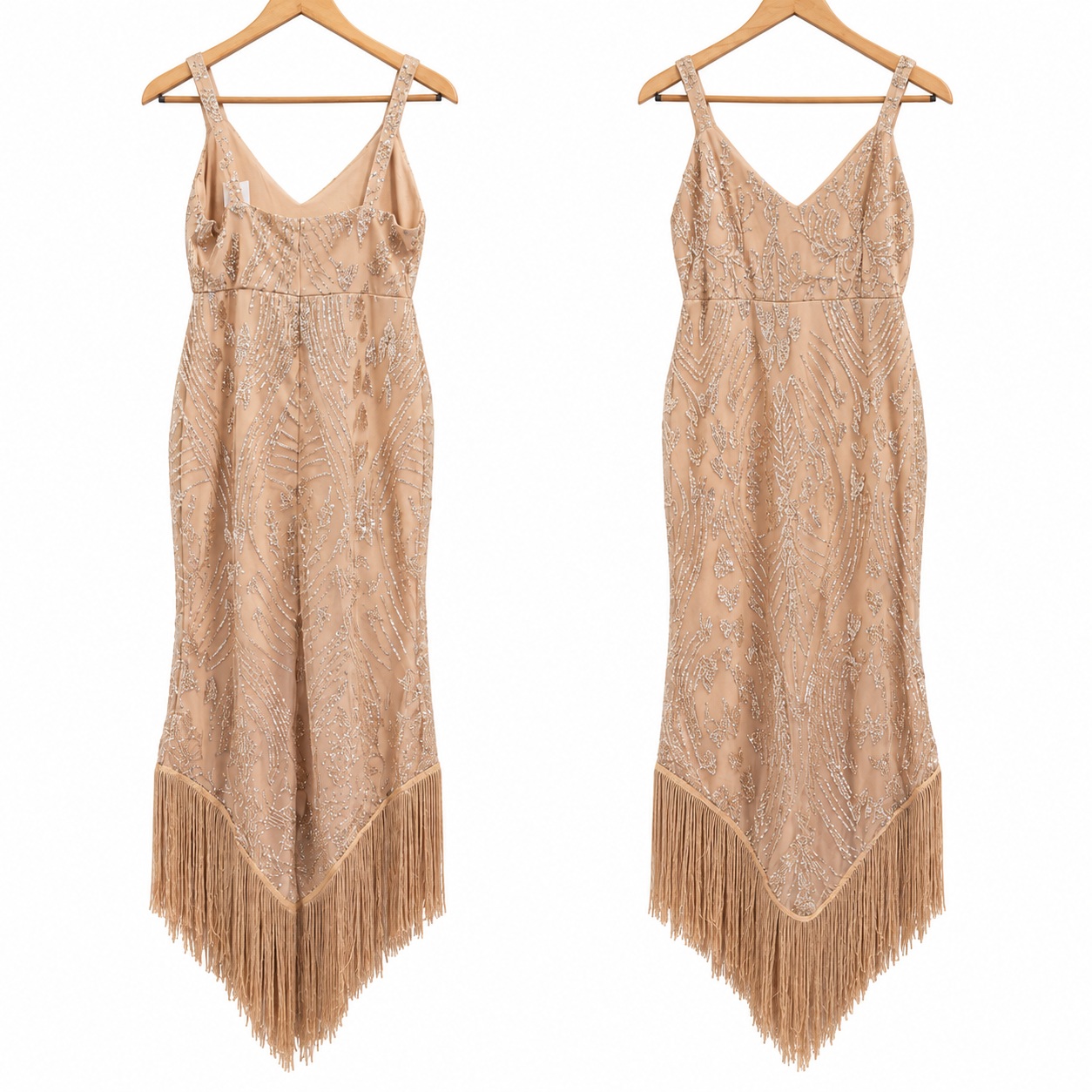 Sequin Fringe Cocktail Dress V-Neck Champagne Evening Party Wedding Guest Gatsby thumbnail