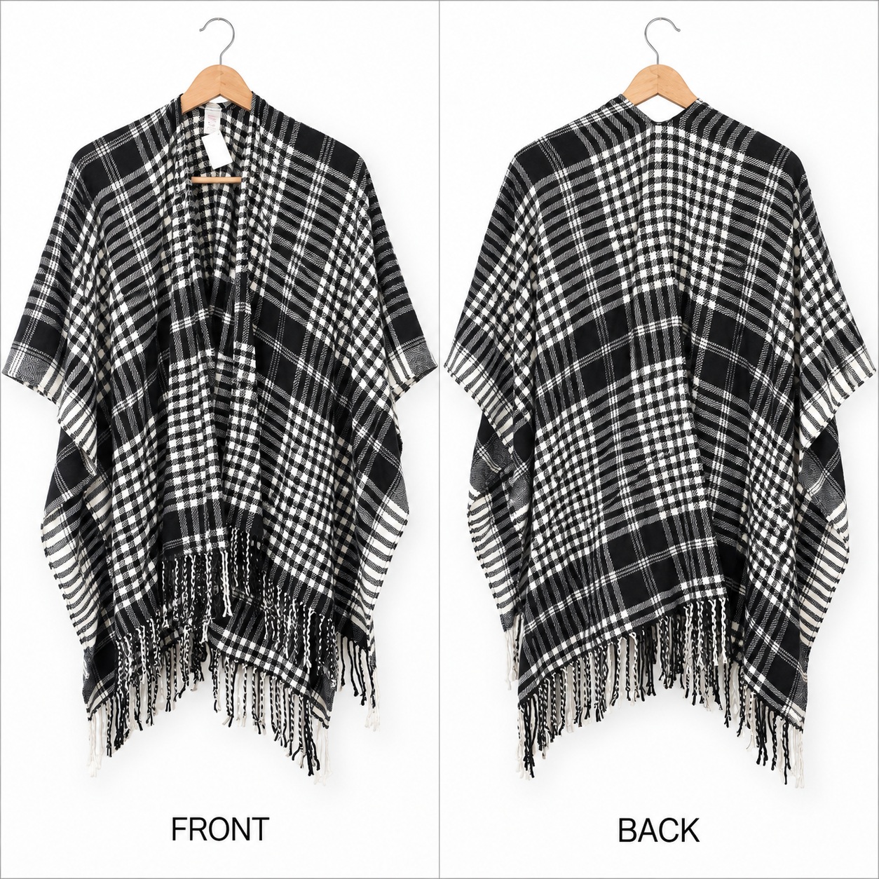 Black White Plaid Poncho Womens Fringe Shawl Wrap Cape Fall Winter One Size thumbnail