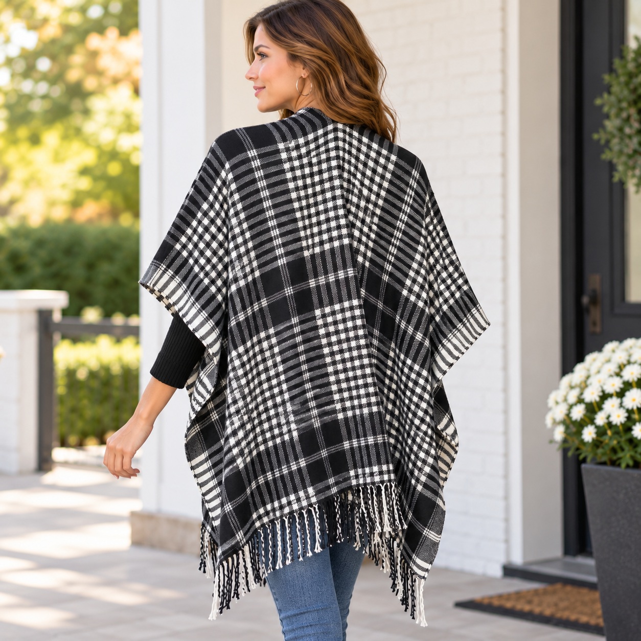 Black White Plaid Poncho Womens Fringe Shawl Wrap Cape Fall Winter One Size thumbnail