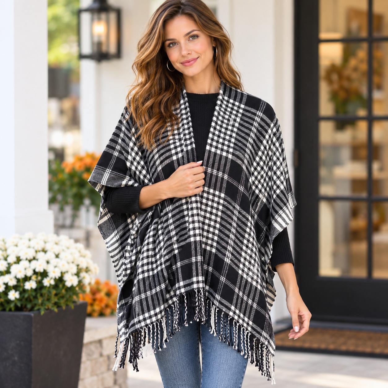 Black White Plaid Poncho Womens Fringe Shawl Wrap Cape Fall Winter One Size thumbnail