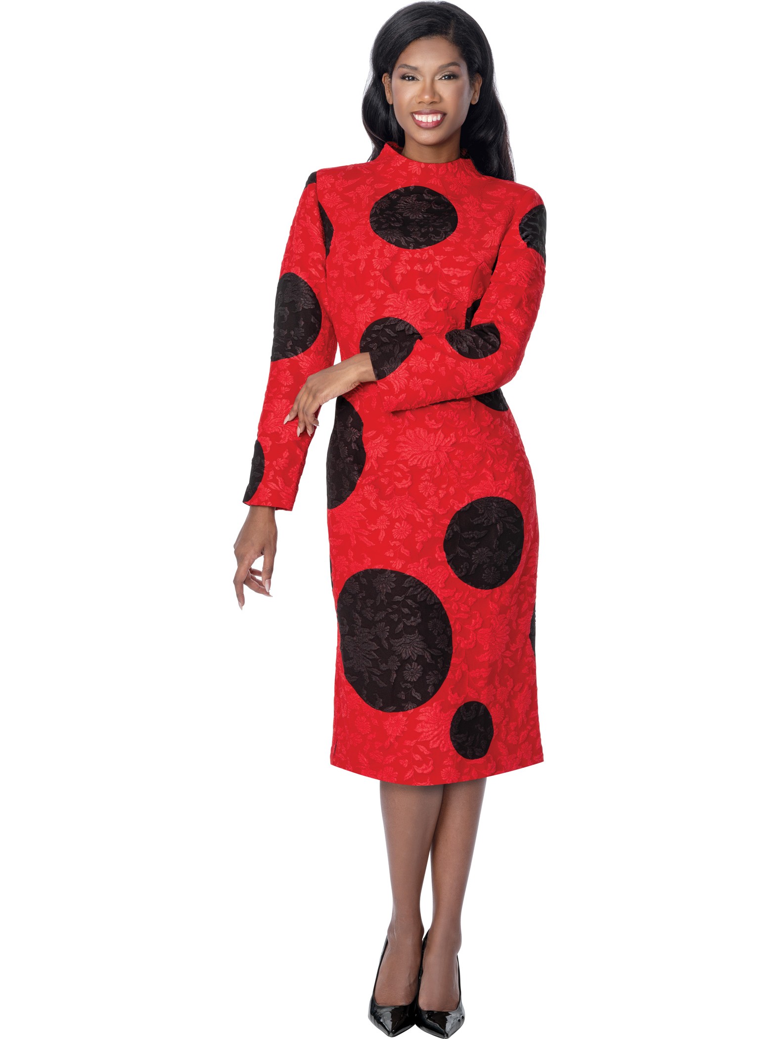 Red and Black Polka Dot Floral Long Sleeve Church Dress – Sunday Suit for Women thumbnail