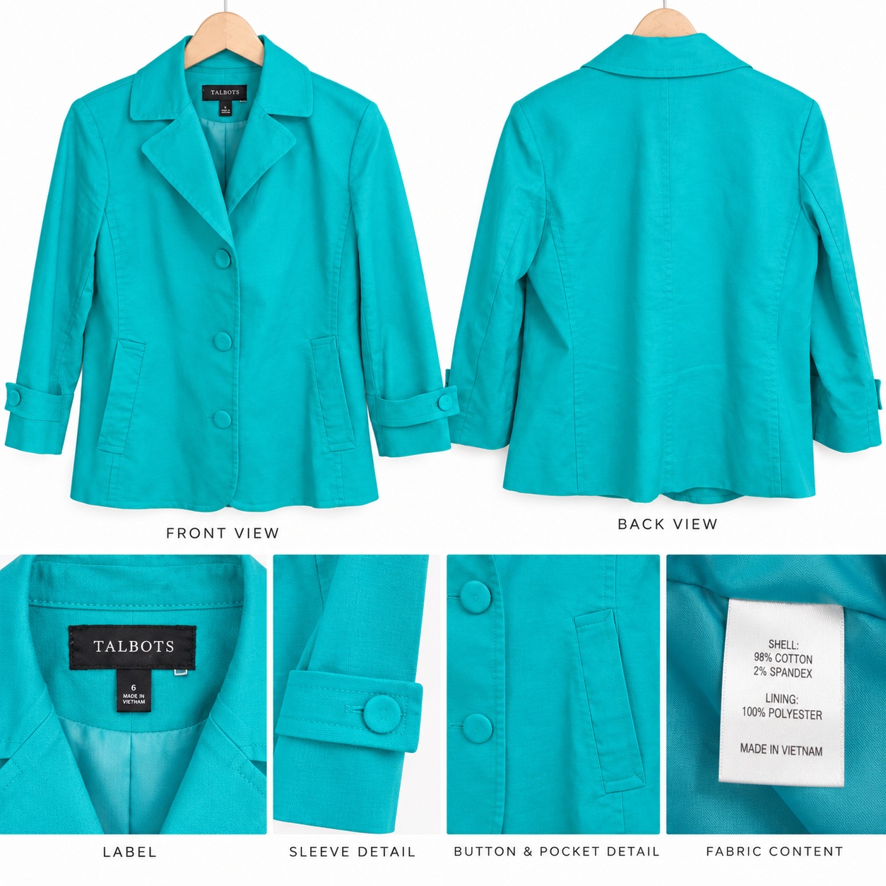 Talbots Fashion Jacket Womens Bright Turquoise Blue Lightweight Statement Jacket thumbnail