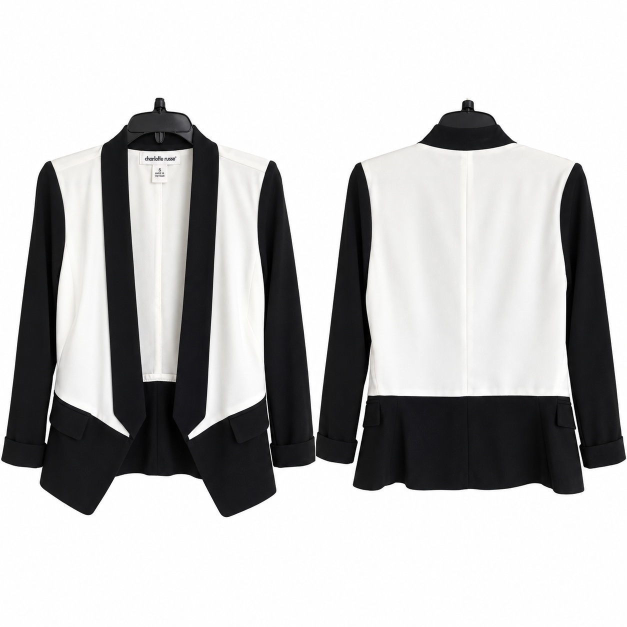 Womens Topper Layering Jacket Black White Color Block Lightweight Open Front thumbnail