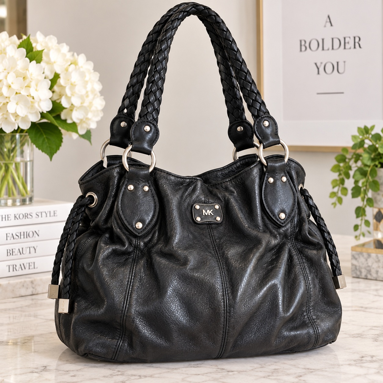 Black Leather Shoulder Bag Braided Handles Drawstring Slouchy Tote thumbnail