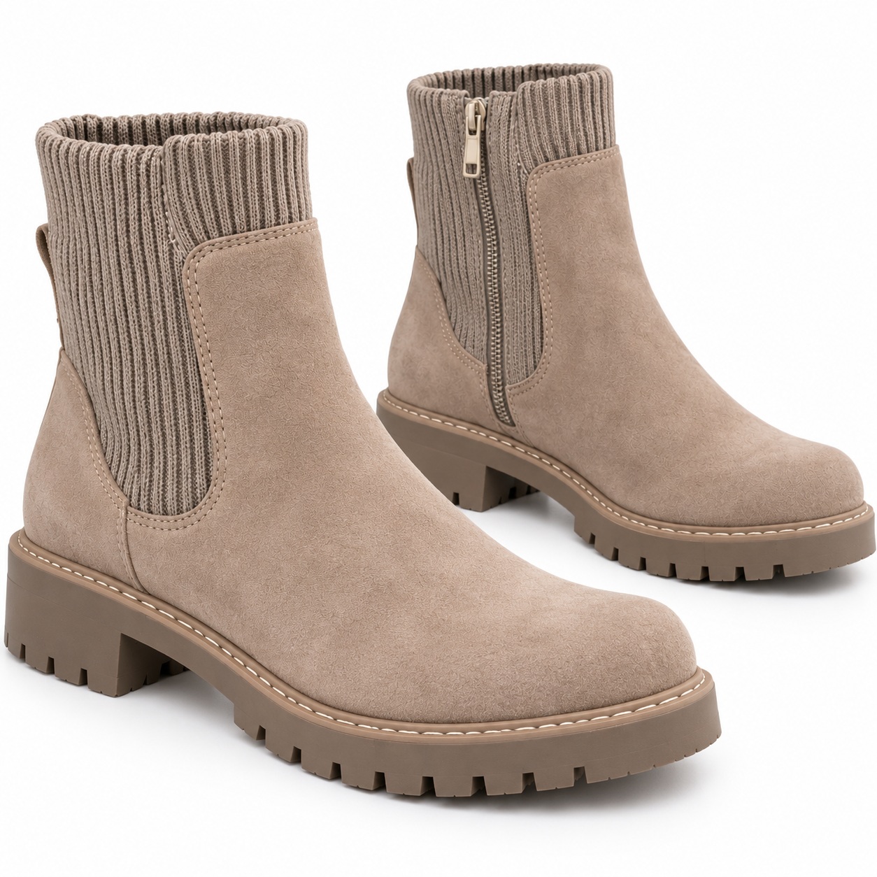 Suede Booties Lug Sole Womens Winter Boots Taupe Stretch Side Zip NOBO Size 9 thumbnail