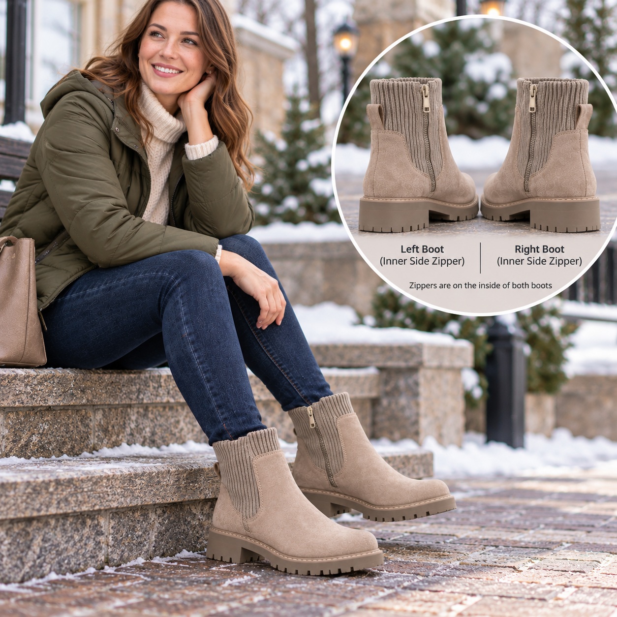 Suede Booties Lug Sole Womens Winter Boots Taupe Stretch Side Zip NOBO Size 9 thumbnail