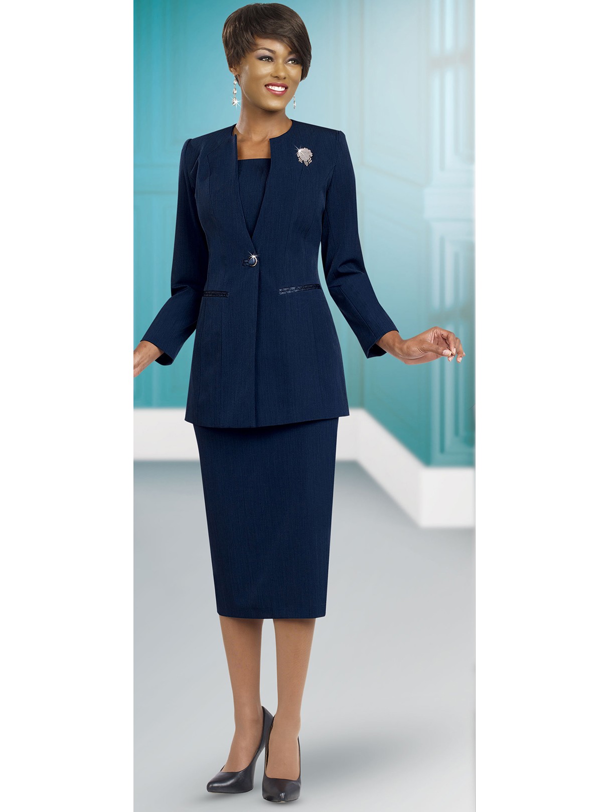 Plus Size Navy Church Suit 2 Pc Skirt Suit Womens Formal Sunday Outfit Ben Marc thumbnail