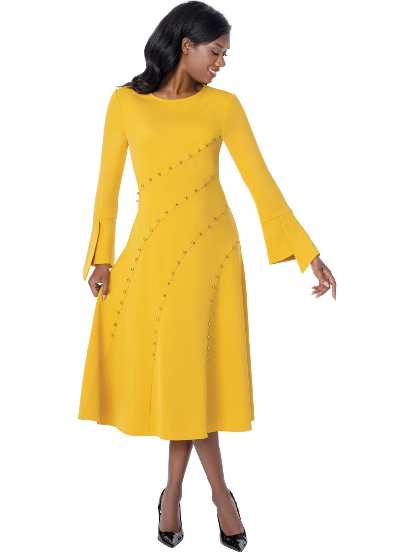 Gold A-Line Church Dress Modest Midi Dress for Sunday Service & Special Events thumbnail