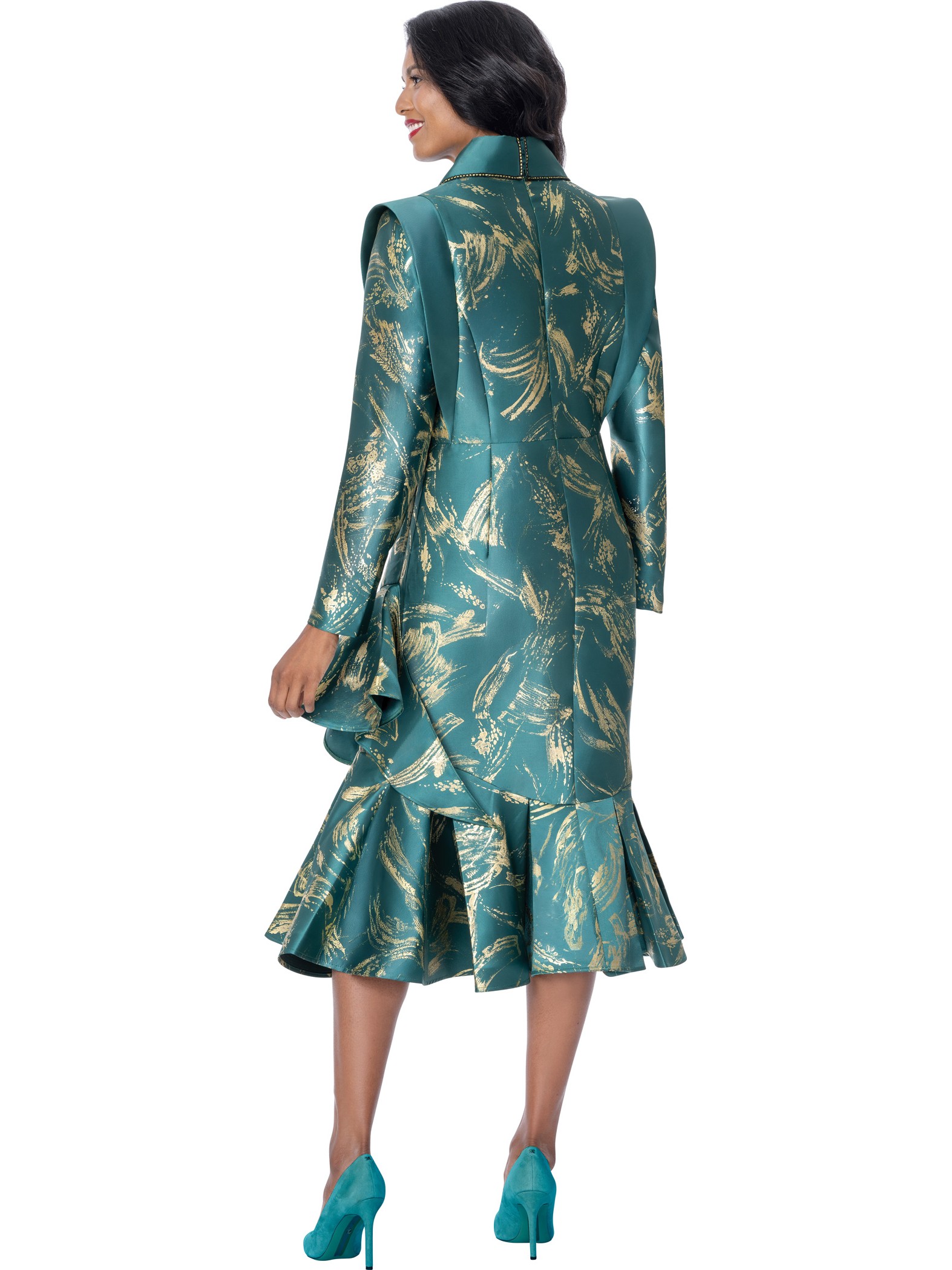 Women's Emerald Green Gold Foil Print Long Sleeve Ruffle Peplum Church Midi Dress thumbnail