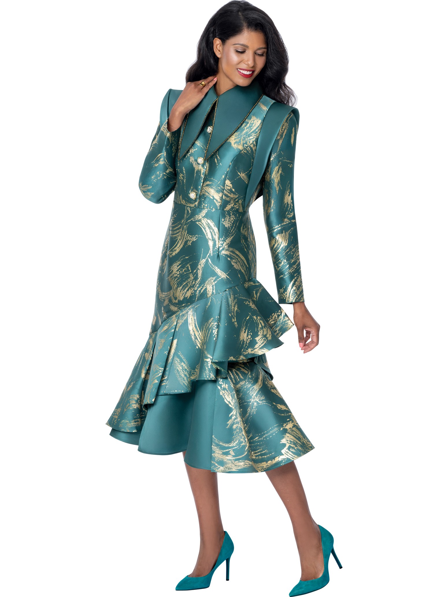 Women's Emerald Green Gold Foil Print Long Sleeve Ruffle Peplum Church Midi Dress thumbnail