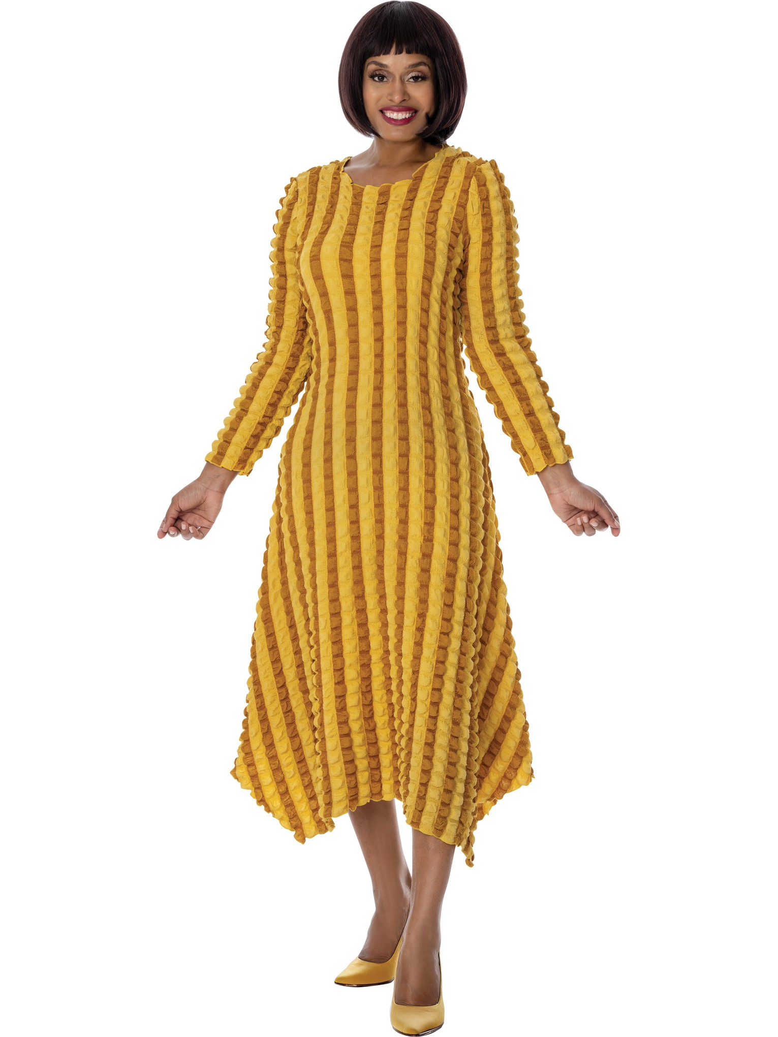 Casuals Gold Multi Textured Stripe Long Sleeve Midi Church Dress for Sunday Style thumbnail