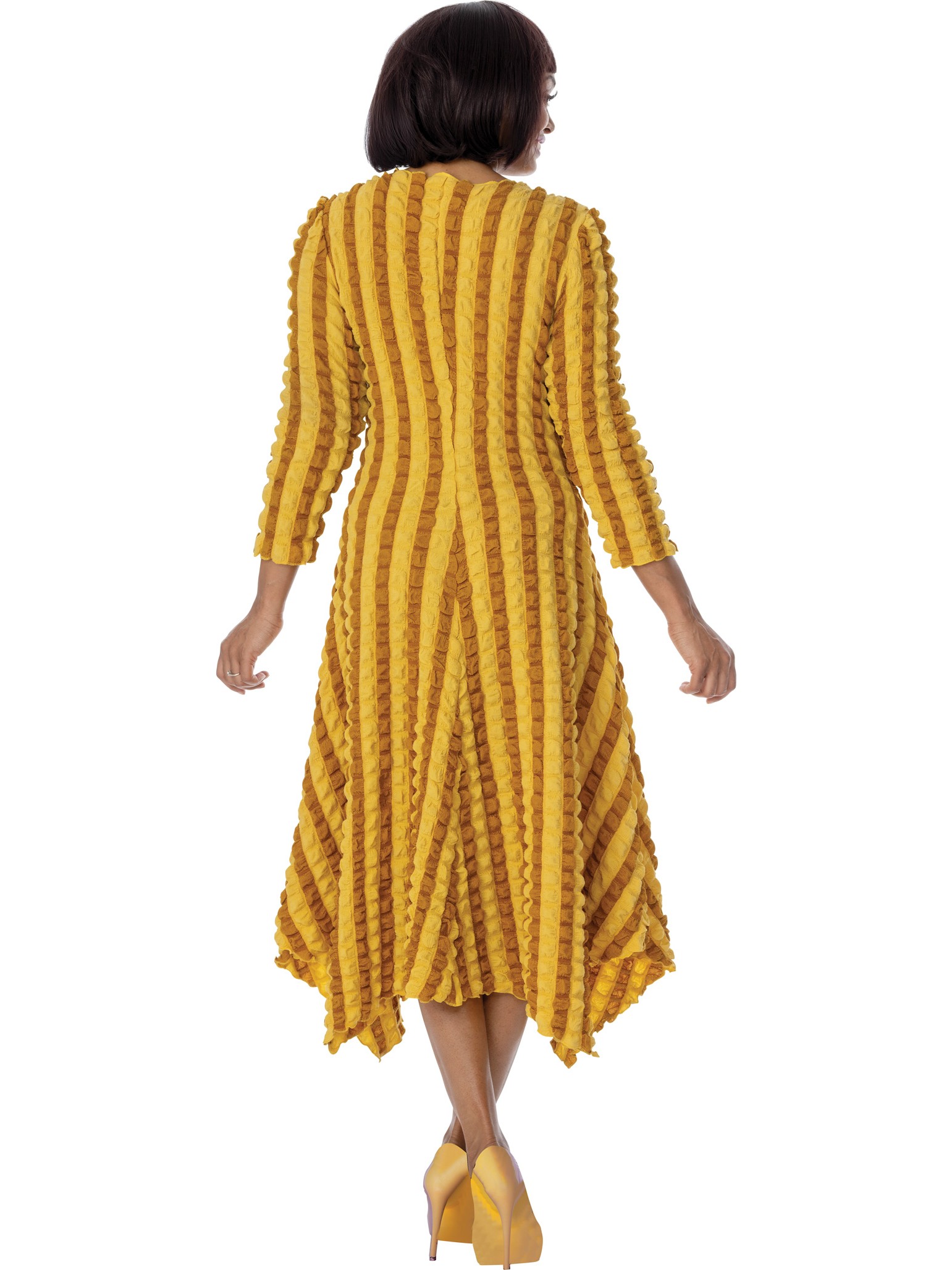 Casuals Gold Multi Textured Stripe Long Sleeve Midi Church Dress for Sunday Style thumbnail