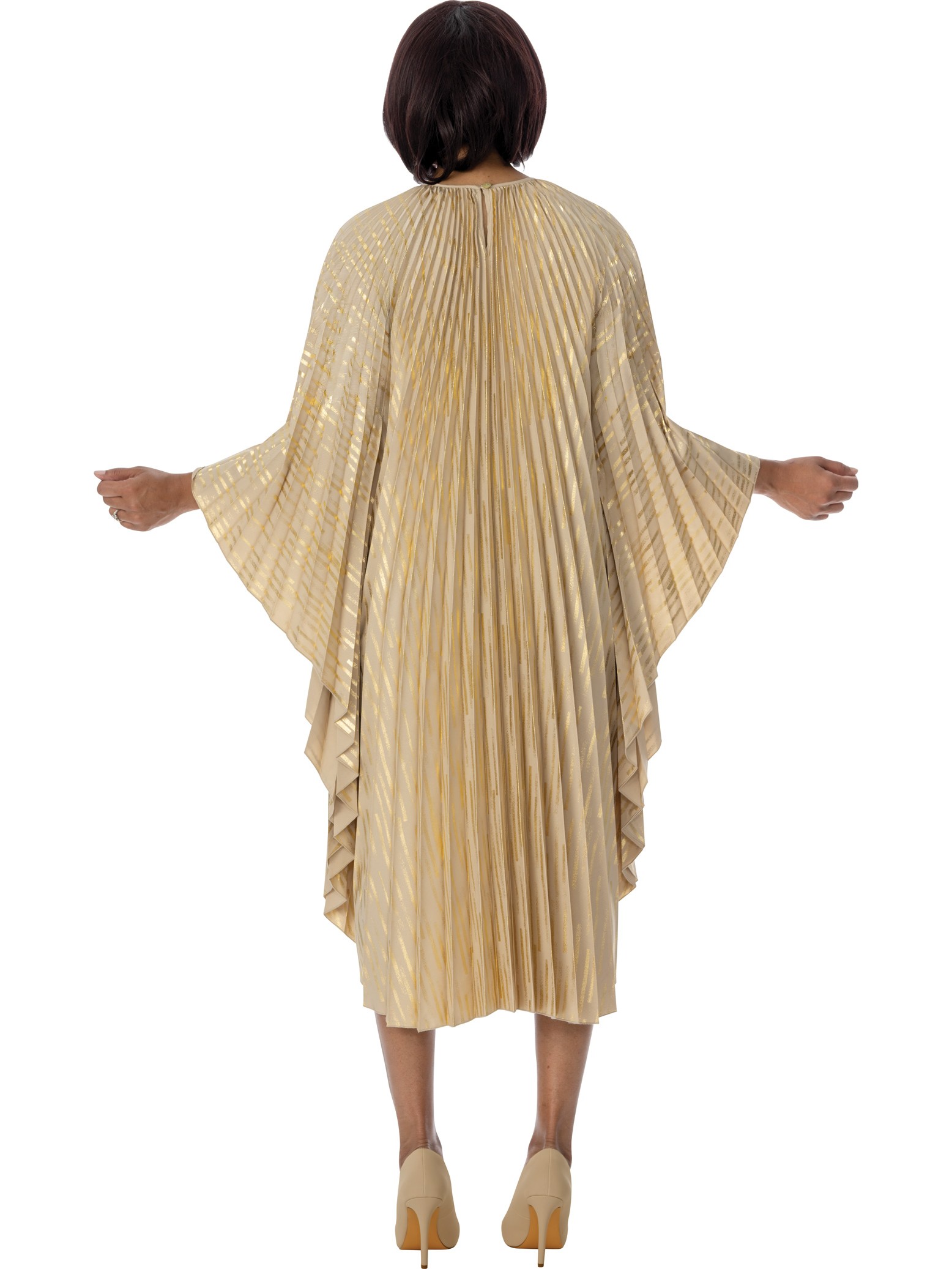 Casuals Tan Gold Pleated Kaftan Midi Church and Evening Dress with Floral Brooch thumbnail