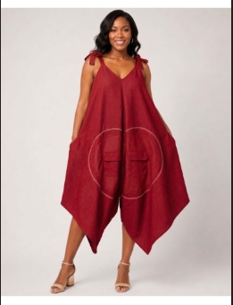 Women's Red Romper with Adjustable Tie Shoulders Wide Legs and Utility Pockets thumbnail