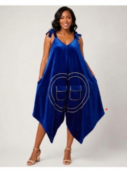 Women's Royal Romper with Adjustable Tie Shoulders Wide Legs and Utility Pockets thumbnail