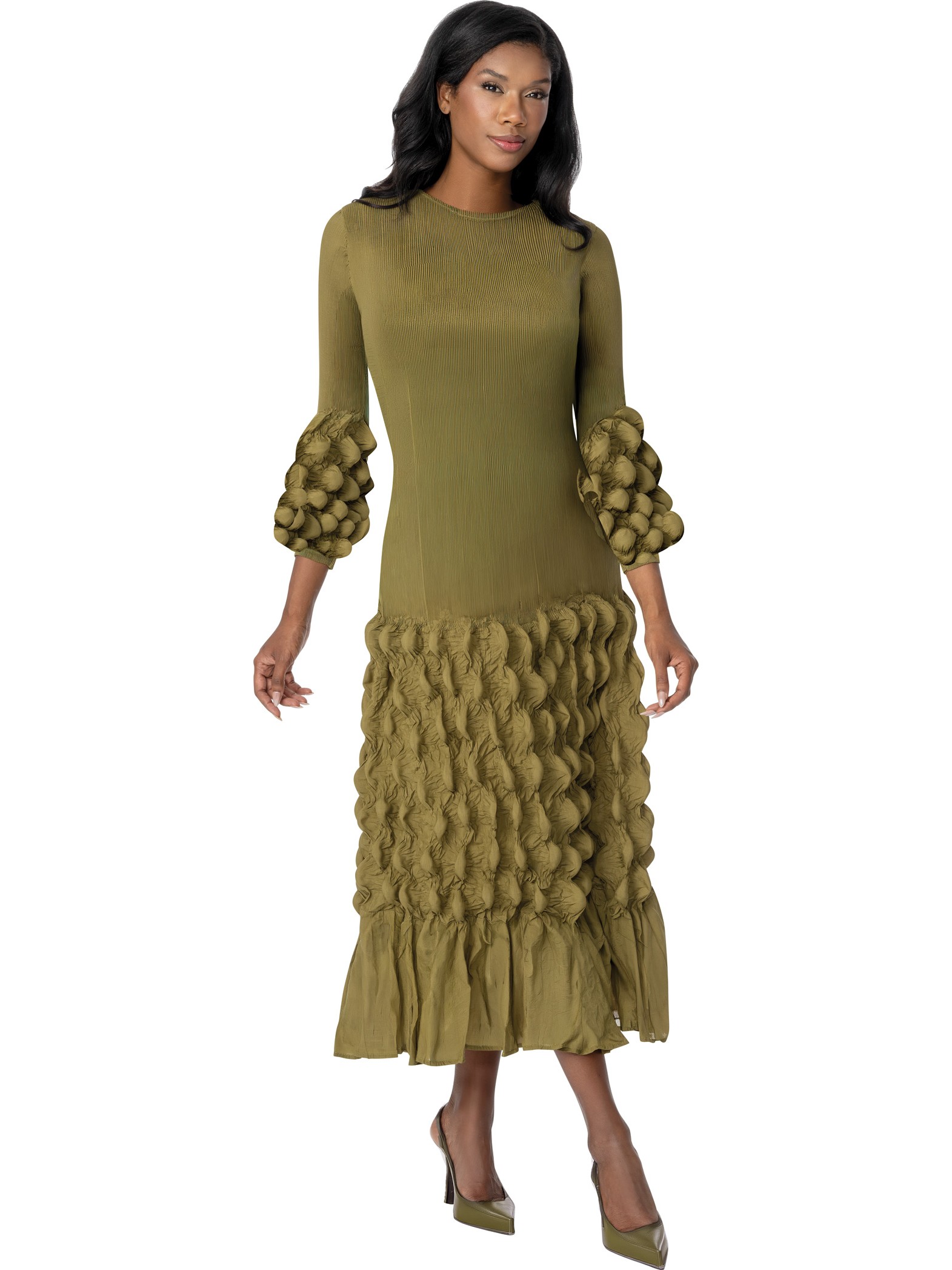 Casuals Olive Textured Ruffle Fit & Flare Church Midi Dress with Bubble Sleeves thumbnail