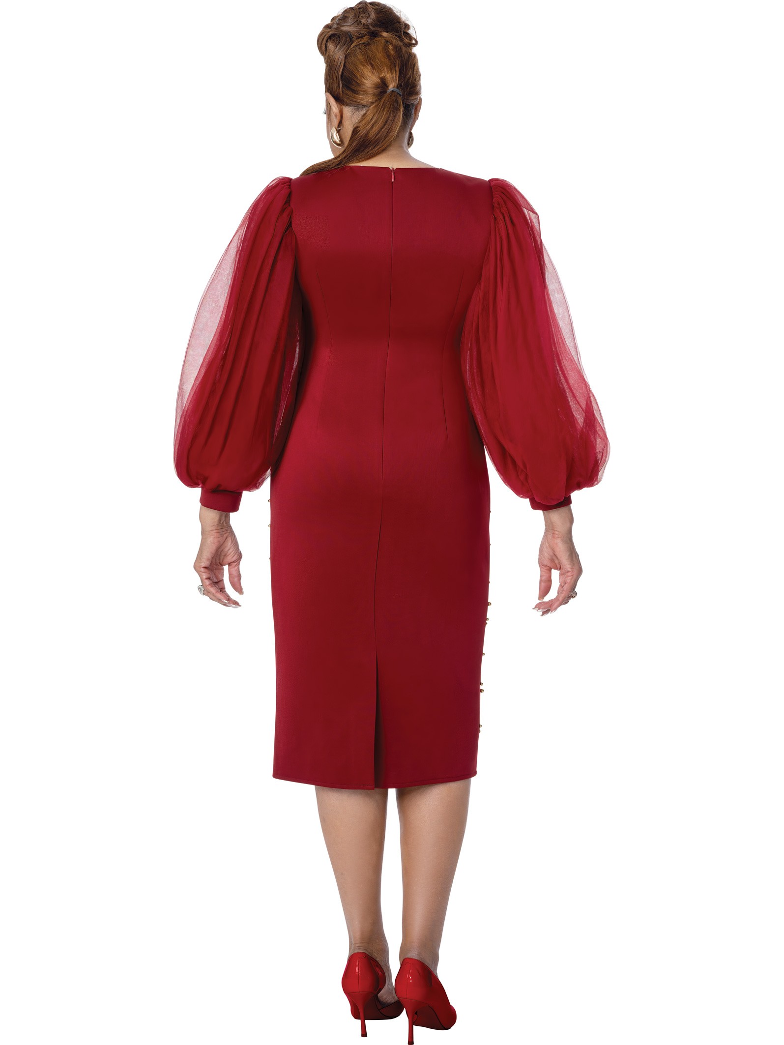 Burgundy Gold Embellished Church Dress with Sheer Bishop Sleeves & Fitted Silhouette thumbnail